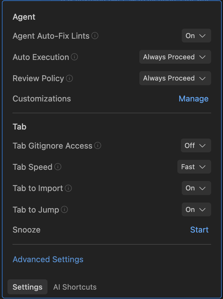 Antigravity quick settings panel