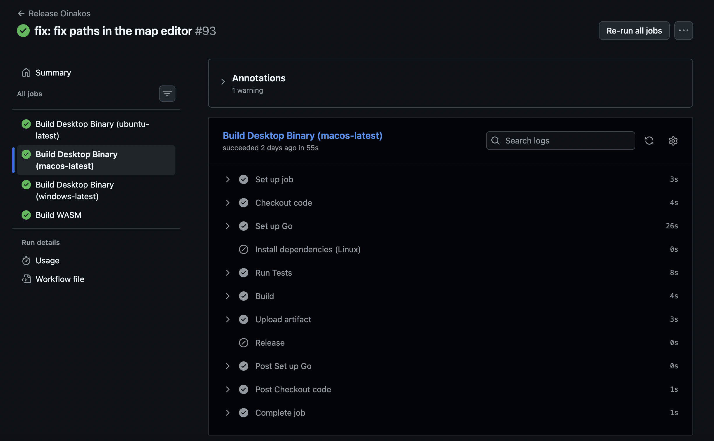 The GitHub pipelines running